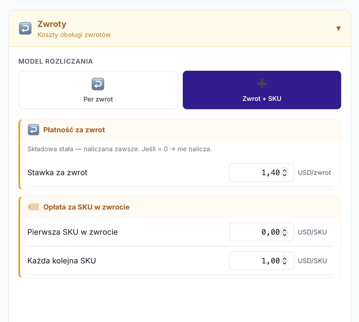 Returns in FulBill — two billing models: per return (flat rate) or return + SKU with surcharge per item